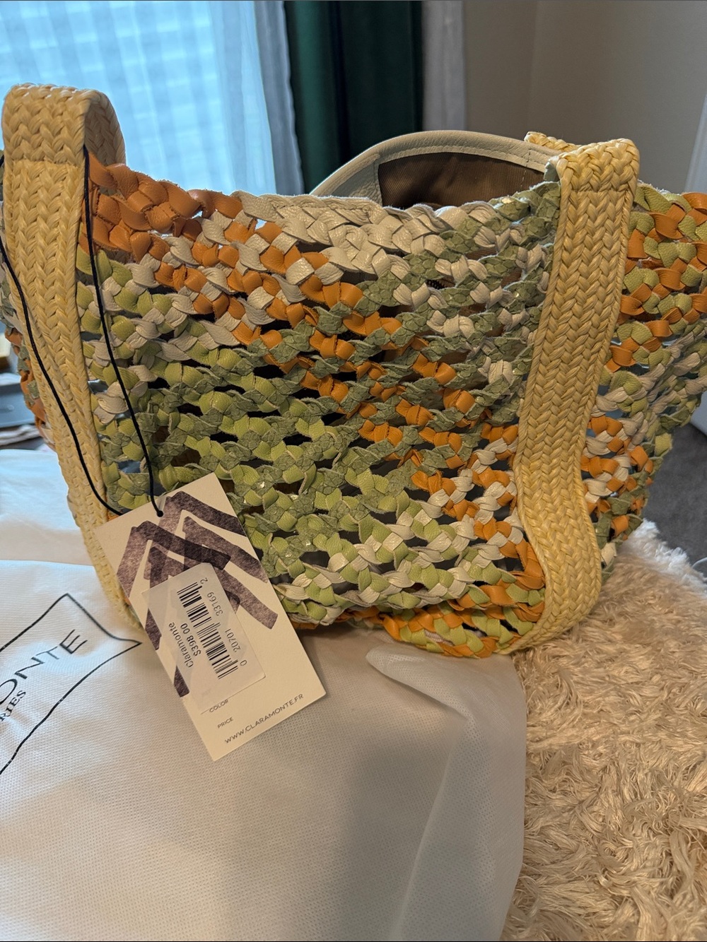 Claremonte-Braided Multicolor Tote Bag in Green, Yellow & Orange